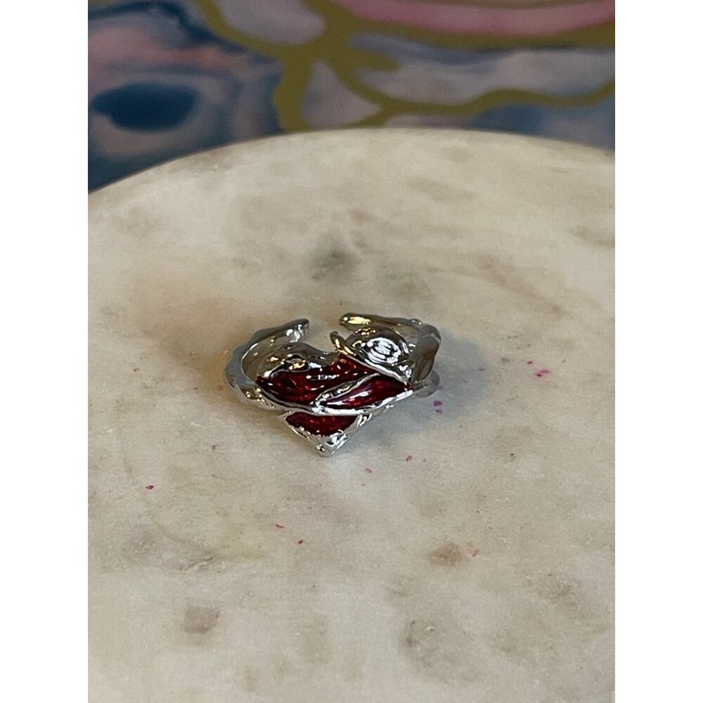 Silver Tone Women's Heart Ring with Red Enamel Accents adjustable